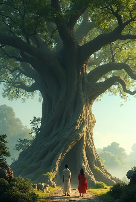 The large, ancient tree with a thick trunk and expansive branches, providing shade and shelter. Osho and Meera stand beneath its canopy, looking up in awe.