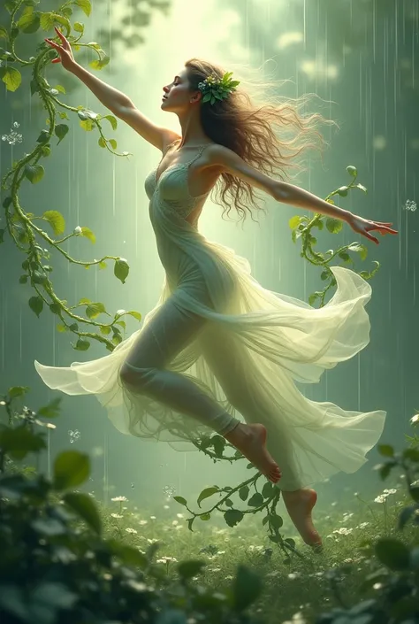 delicate, intricate leat veins resembling delicate brushstrokes, as tendrils of foliage swirl around the figure, blurring the lines between dancer and environment, against a backdrop of gentle, glistening raindrops
