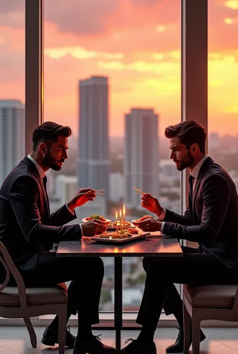 Hiper realistic Men fashion model 2 sitting eating sushi at his apartment luxury with skyline of miami with many realistic high rise building seen from the windows during sunset
