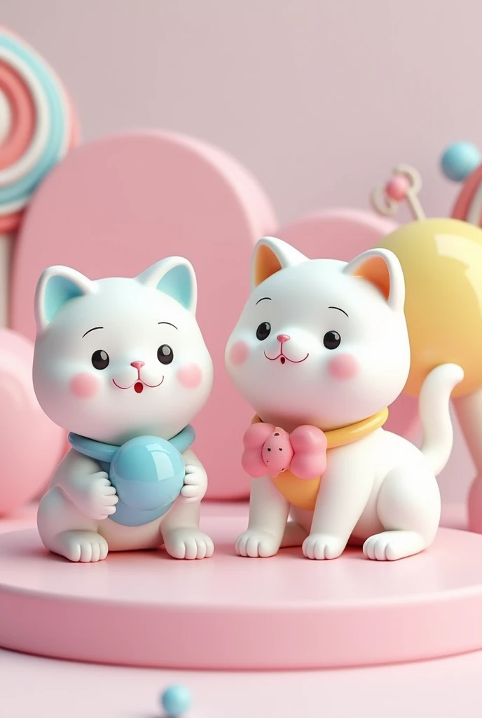 Chiby style, 3d model, 3  cat, white cats with different Different color motifs for each cat, inspired by candy, and wearing cute candy accessories.