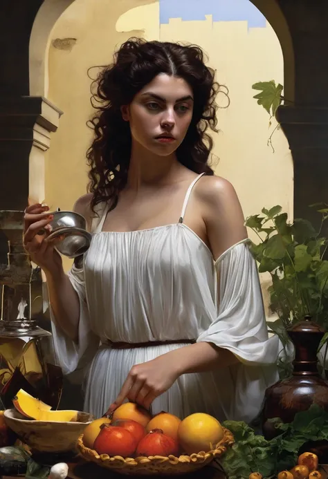 caravaggio lighting; high contrast; hyper-realism; Circe witch from madeline miller; her pig and leon; island of Circe; Godess; realism; circe is working in her garden; mistery; strenght; beautiful women; circe is collecting ingredients to do her potions; ...