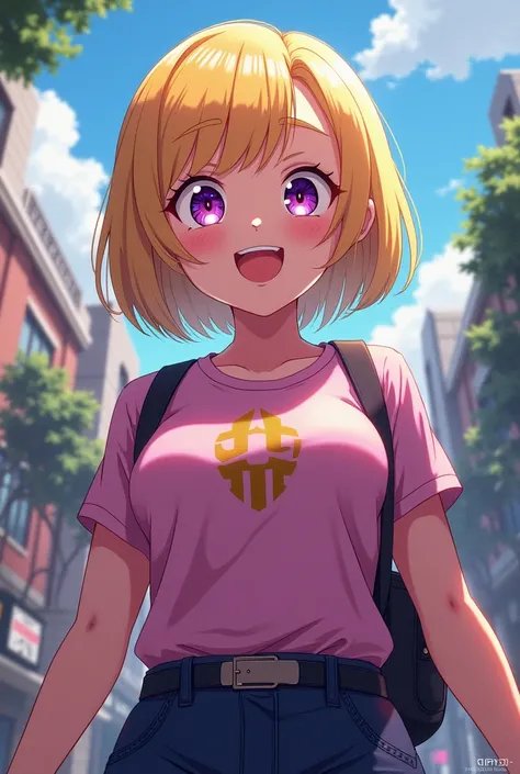 20 year old girl ,Dyed blonde straight short hair, chubby physique big chest ,  UA student, big purple eyes and a smile that characterizes her for her joy , carries the gift of illusion, boku no hero academy character
