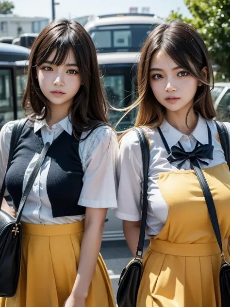 ultra realism high detail and clarity,2 cute and beautiful schoolgirls are going to catch the last bus,lovers,citrus style