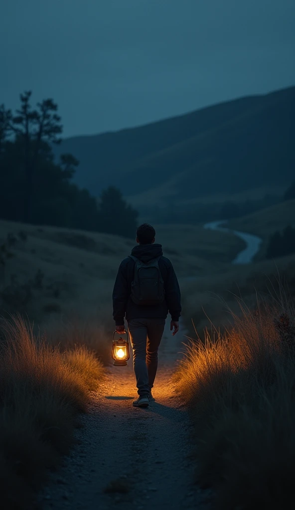 Young man leaves his car on the side of the road and walks in a deserted place towards the countryside In the middle of the night, holding a lamp in his hand