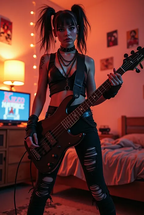 A woman dressed in punk rock clothes standing with a microphone singing in the bedroom. A woman dressed in punk rock clothes standing with an electric guitar in the bedroom. A woman dressed in punk rock clothes playing a drum set in the bedroom. A woman dr...