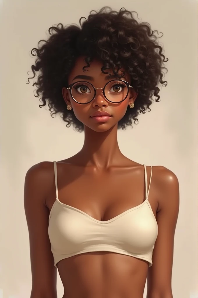 Create me an image of a brown girl, with short curly hair, with bangs, round glasses, eyes browns, lowrise, Waist slender, wide hips and small breasts, pink mouth, small-nose