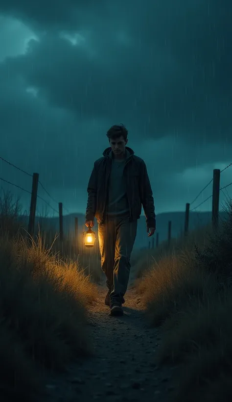 Young man leaves his car on the side of the road and walks in a deserted place towards the countryside In the middle of the night, holding a lamp in his hand And the clouds are raining