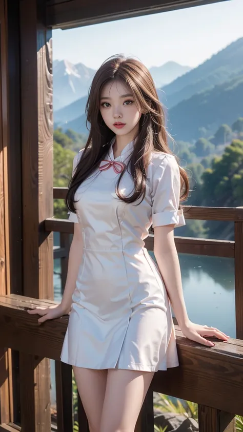 ulzzang-6500-v1.1, (RAW photo: 1.2), (Real photo), (Real photo: 1.4), 1 girl、Perfect anatomy、1、Looking at the camera、Medium length hair、Uniform dress, watching the sunset, ((in the mountains: 1.1))、(Business service)、Asian eyes Ella,