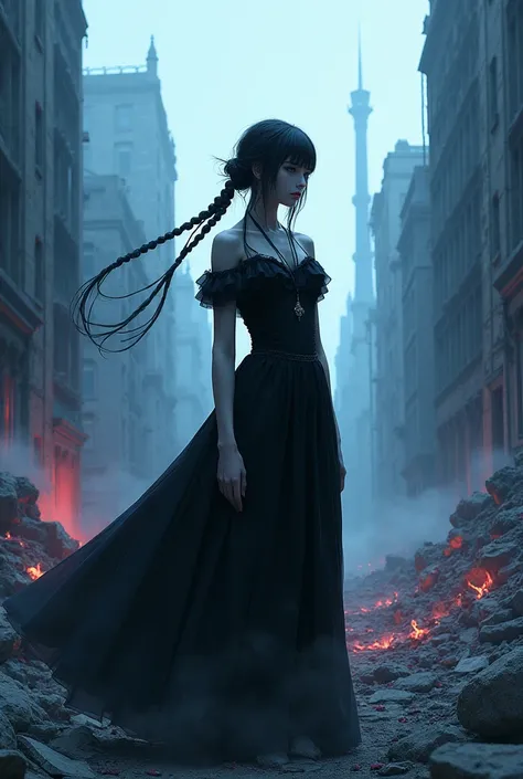 One is  , caucasiano, he would be, braided hair with bangs, Bblack hair, grey-eyed, detailed black dress, isolated and destroyed city, city in a blue tone with red.