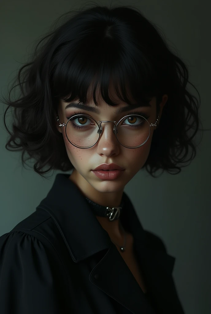 Create me an image of a brown girl, with short curly hair, with bangs, round glasses, eyes browns, short and my gothic style 