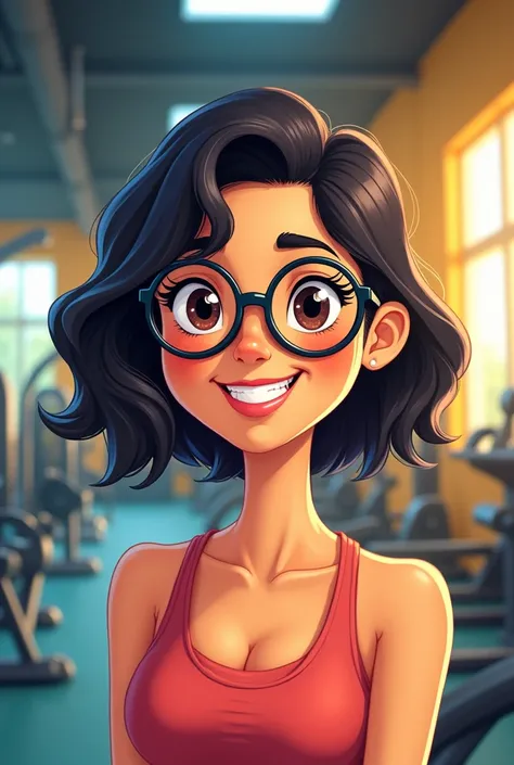 Cartoon character of A WOMAN APPROXIMATELY 4, ROUNDED GLASSES WITH DARK FRAME, MEDIUM DARK HAIR, DARK BROWN EYES YELLOW, skin fair, pink lipstick, round face, in the background a gym