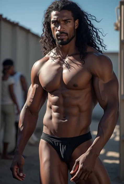 a dark-skinned man with wavy hair, extremely detailed face and eyes, beautiful detailed lips, longeyelashes, realistic skin texture, muscular body, confident expression, (best quality,4k,8k,highres,masterpiece:1.2),ultra-detailed,(realistic,photorealistic,...