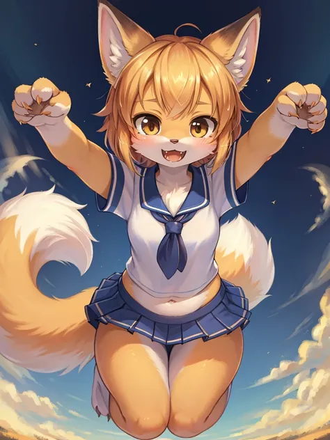 Renoir style , Childish fox girl, relaxed school uniform, roar , claw pose , (navel exposed:0.8) , front view , moist thin eyes , Jump and pounce