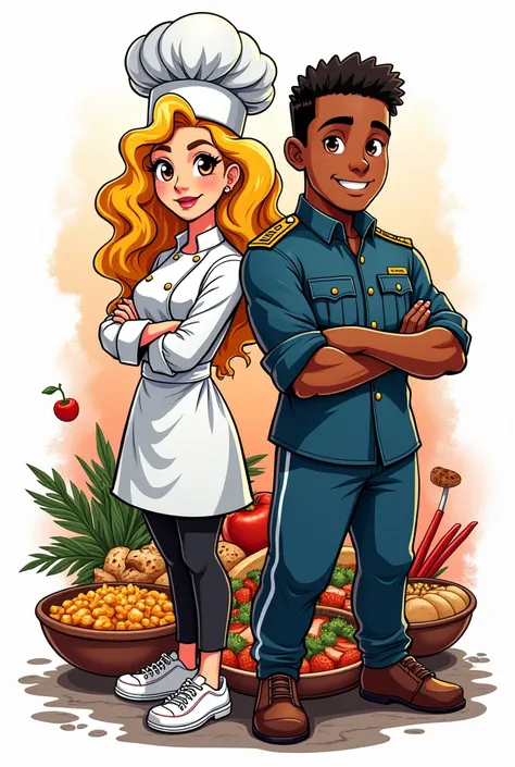 Create me an image that represents my restaurant, where the female chef with curly blonde hair and brown eyes is next to a black-skinned man who is a soldier and both surrounded by food, with a white background and it is animated like anime graffiti and it...