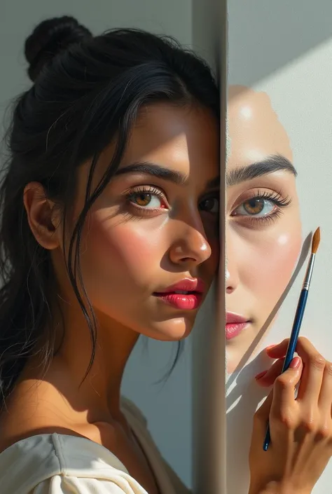 A Indian woman is making a painting of her own face both will be same face