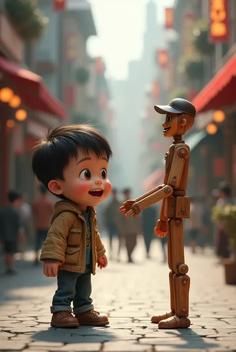 A boy playing with an animated stick soldier on the street