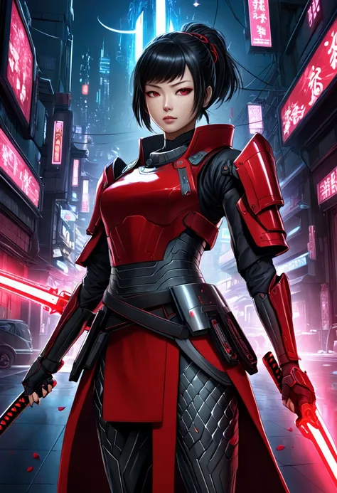 ((go min-si)) create a hyper-realistic anime-style illustration of a female cyberpunk samurai. the character should have long, f...