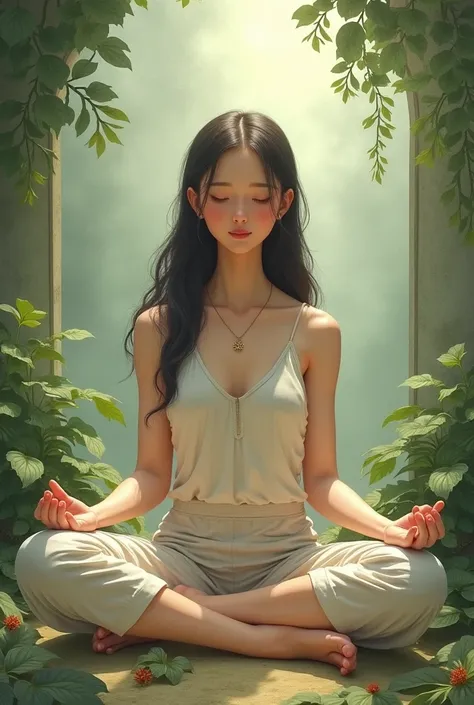 A girl sitting in meditation conveys a sense of:
- Inner peace
- Calmness
- Focus
- Mindfulness
- Serenity
-nature friendly
- good dress
