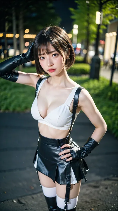 (8k、RAW Photos、Highest quality、masterpiece:1.2)、(Realistic、Realistic)、1 person、((black and white、Cleavage、tights、short hair、Gloves、Garter Ring、mini skirt、Thin legs、whole body、boots、View from the front、Looking into the camera、Night Park、Stand with hands on ...