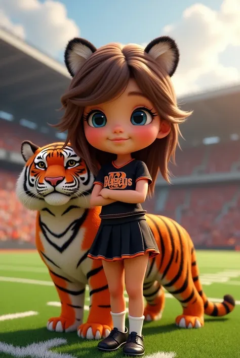 Bengals cheerleader Child named Grace with brown hair blue eyes on football field with tiger 
Black & orange outfit with black shoes & no socks