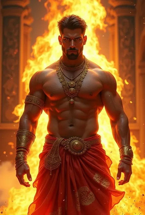 A fantasy image of a robust and handsome man with a raging fire behind him, wearing gold ornaments, shirtless, wearing a red ornate dhoti, standing in a palace, upper body, front view