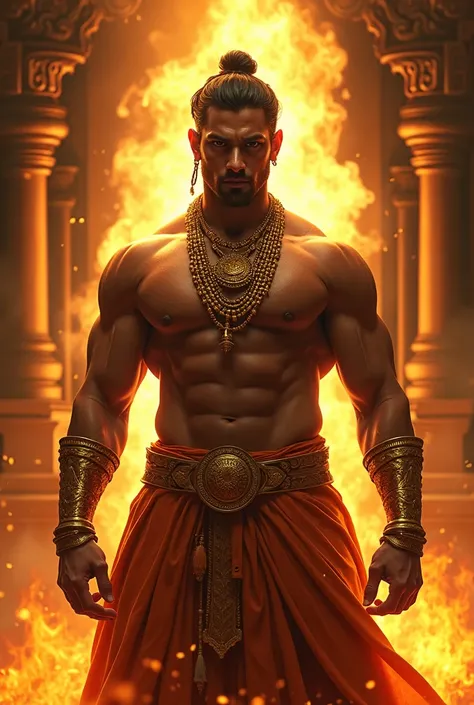 A fantasy image of a robust and handsome man with a raging fire behind him, wearing gold ornaments, shirtless, wearing a red ornate dhoti, standing in a palace, upper body, front view