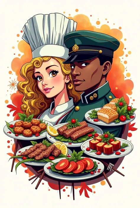 Create me an image that represents my restaurant, where the female chef with curly blonde hair and brown eyes is next to a black-skinned man who is a soldier and both surrounded by food, with a white background and it is animated like anime graffiti and it...