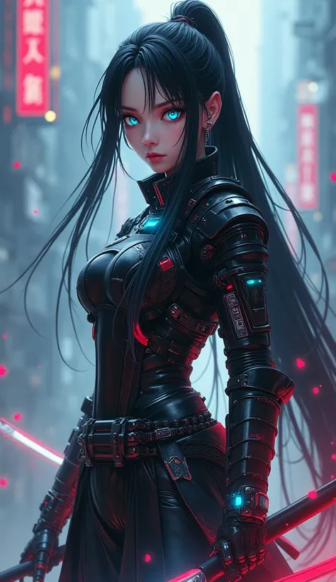 ((Go Min-si)) Create a hyper-realistic anime-style illustration of a female Cyberpunk Samurai. The character should have long, flowing black hair with cybernetic enhancements visible at the temples. Her eyes should be a striking, artificial blue, suggestin...