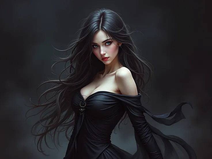 a beautiful dark-haired woman with piercing eyes, detailed facial features, long flowing hair, femme fatale, realistic portrait, photorealistic, high-quality, dramatic lighting, chiaroscuro, deep shadows, intense gaze, mysterious expression, (best quality,...