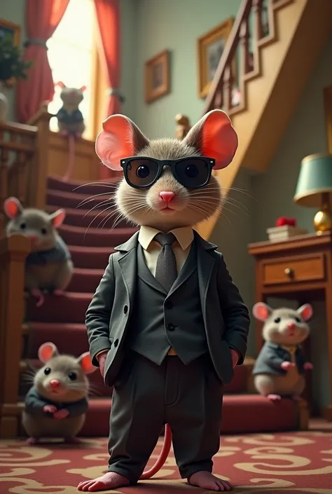 Create a photo with a charming mouse that wears a suit and a black sunglass standing in front of stairs in a house and in the background should have some mouses walking around add some colorful effects 