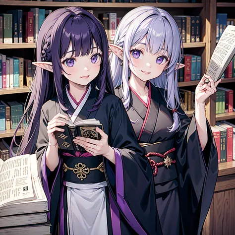 Close-up of the grimoire taken from the bookshelf. Picture of the moment when the book is taken out from the bookshelf, middle. The girls round, cute hands. Black robe, purple hair. Elf-like ears. Her smile. A black robe with wide sleeves. V-shaped white i...