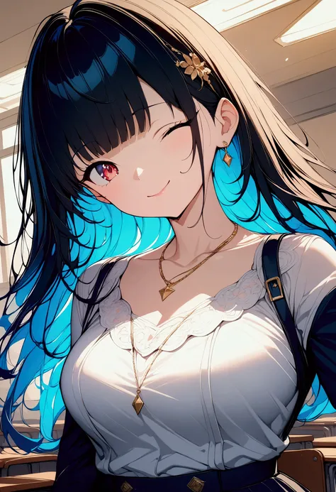 (((anime))) A woman with one eye closed,Gal,Long Hair,(Black Hair),Diagonal bangs,necklace,smile,Red eyes,Big eyes,uniform,Volume sleeve,classroom,sunlight,masterpiece,Highest quality,Exquisite,8k,Absurd,Ultra-fine illustrations,(View your viewers)