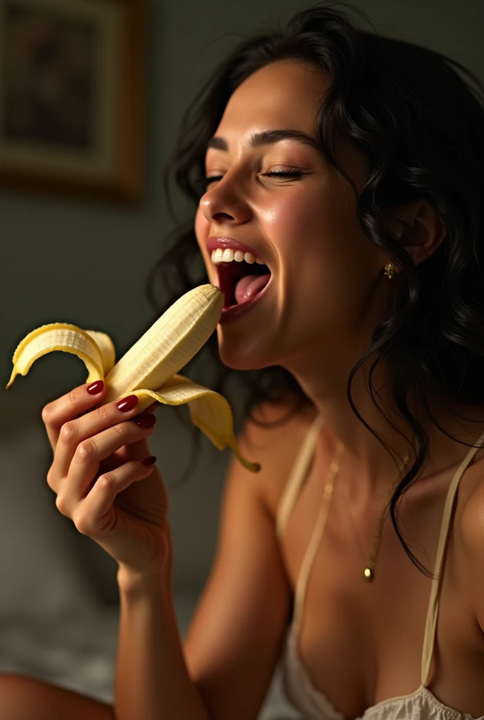 A woman experiencing sexual climax。With your right hand、holding a peeled banana。While feeling ecstasy、Like giving a blowjob、Banana in a naughty way、eating。Her mouth is wide open in excitement。