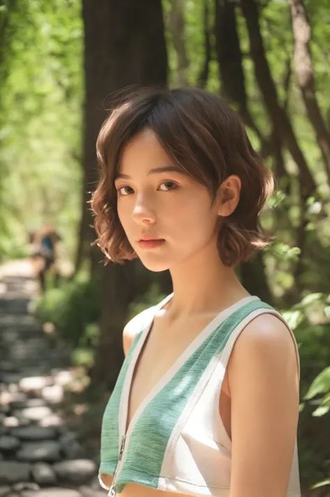 Cool summer girl, short wavy hair, sportswear, stone path in the woods, dappled light and shadow, ultra-realistic, 16K.