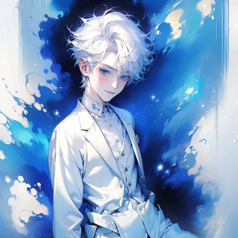 ((masterpiece)), best quality, ultra detailed, floating, high resolution, (1 boy), short hair, white hair, blue eyes, smile faci...