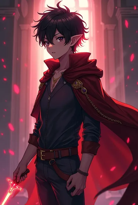 Generate an anime-style character with shadow powers, Youngh, naughty man, wears a cape and a dagger with a red aura, dark eyes, has an average physical build, He has , and he is Half-Elf, Human Elf, with small elf ears