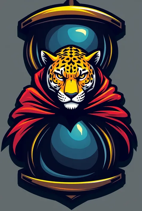 LOGO for SPORTS club Mascot, jaguar wearing a cape, from the front and with a large hourglass behind,