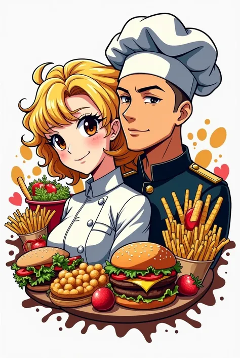 Create me an image that represents my restaurant, where the female chef with curly blonde hair and brown eyes is next to a hairless black man who is a soldier and both surrounded by food, with a white background and it is animated like anime graffiti and i...