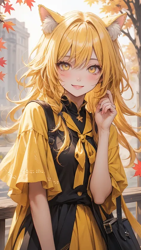 (masterpiece), Highest quality, Ultra-high resolution,Yellow ribbon cat ears、Yellow Hair、Yellow Eyes、Yellow clothes、serial、nice、autumn、smile、morning