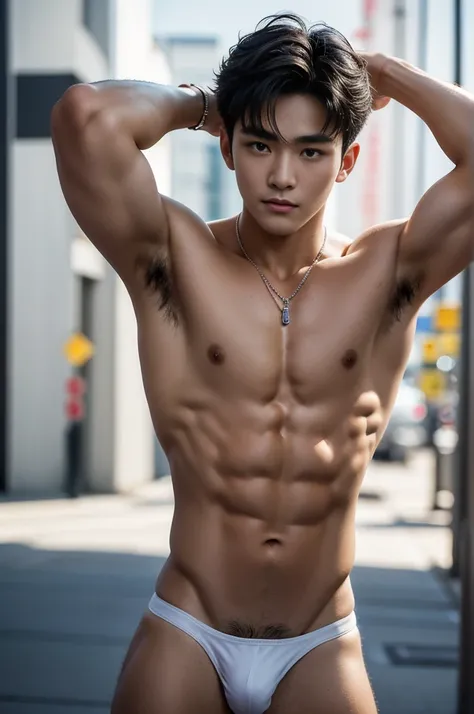 Dont close up, Tokyo street scenery, Tokyo street background, Full body photography, Crowded Tokyo street, very hot sunny day, crowded tokyi street scenery, Very micro red thong, Very hairy armpits, Very detailed finger, dont merge body, Very young Korean ...