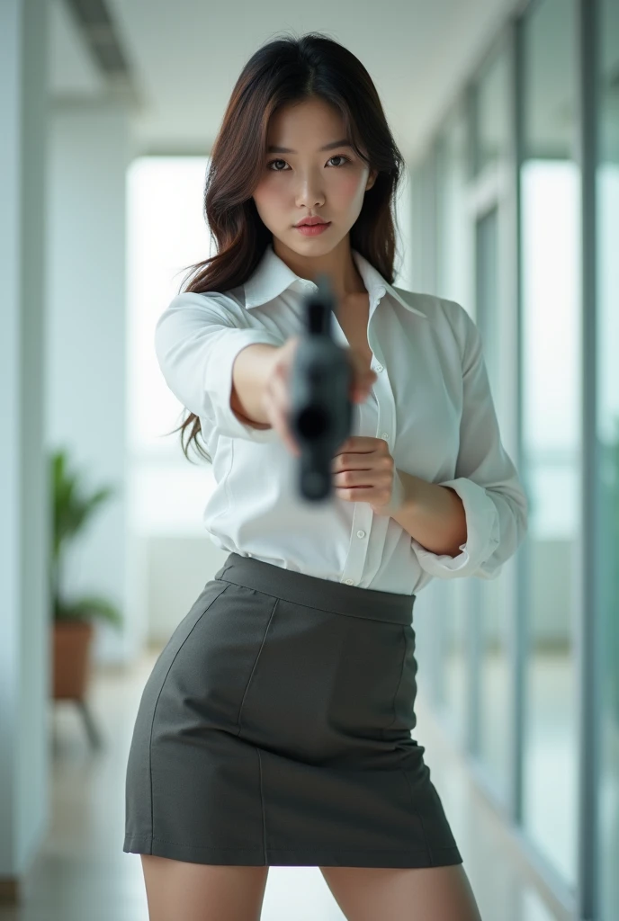 beautiful sweet big eyes office lady korean white shirt low mini skirt standing legs open wide spreading full portrait holding rifle gun pointing at you front facing 
