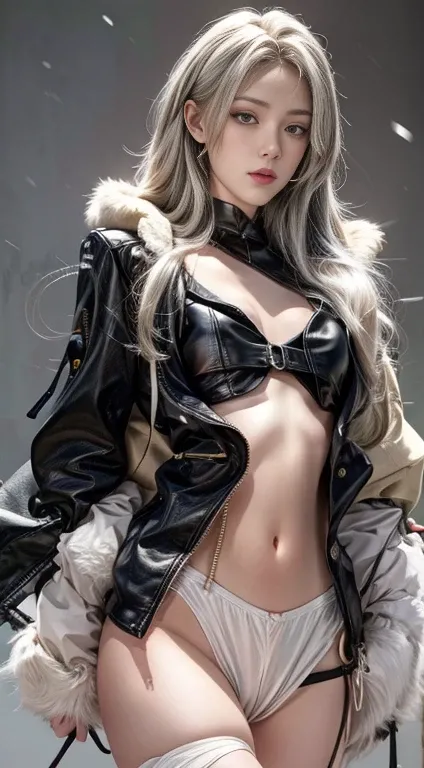 Close-up of a woman in a white dress and jacket, snow原、snow、snowが降る、Realistic painting, Incredibly beautiful proportions、Ultra detailed nipples、Beautiful areola、It was a hot topic on Art Station.., Fantasy art, perfect have Gray Hair girl, have Gray Hair, ...