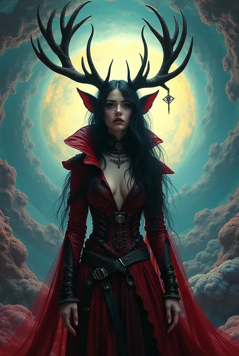 (best qualityer,32 mil,High definition,4x ,ultra sharp, high resolution, proffesional) ,cinematographic, Fisheye photography:1.6,1 beautiful gothic girl, witch, antlers,  red and black leather, circles, fractals,(black outline art), colors, land, Cyan, yel...