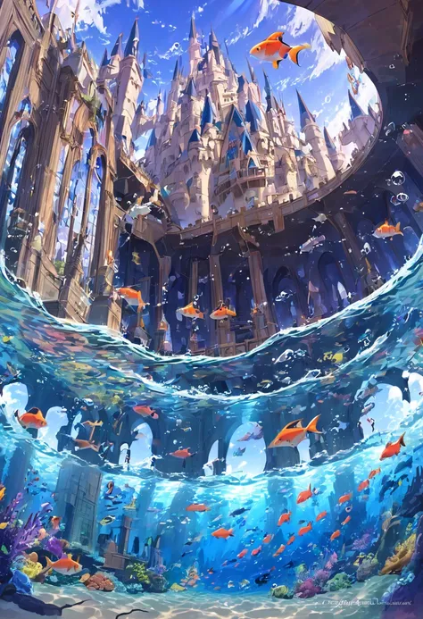 A castle under the sea, with colorful fish swimming around it 