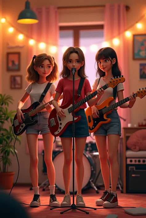 A band of cute girls standing holding microphones singing in the bedroom. A band of cute girls standing playing electric guitars in the bedroom. A band of cute girls standing playing bass guitars in the bedroom. A band of cute girls playing drums in the be...