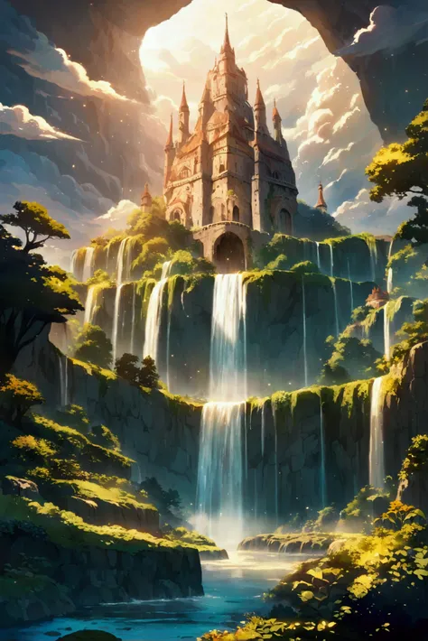 (((Ghibli style))) A grand castle floating among the clouds, with lush greenery growing on its surfaces, and a waterfall cascading into the sky. Morning sunlight bathes the scene in golden light.