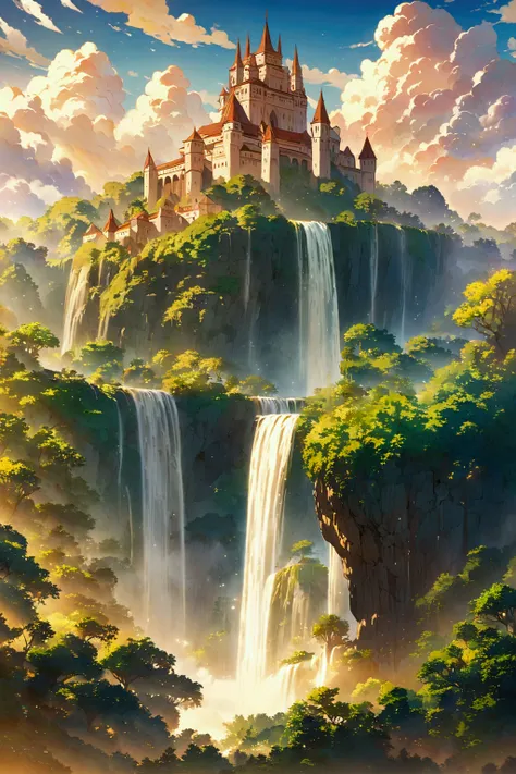 (((Ghibli style))) A grand castle floating among the clouds, with lush greenery growing on its surfaces, and a waterfall cascading into the sky. Morning sunlight bathes the scene in golden light.