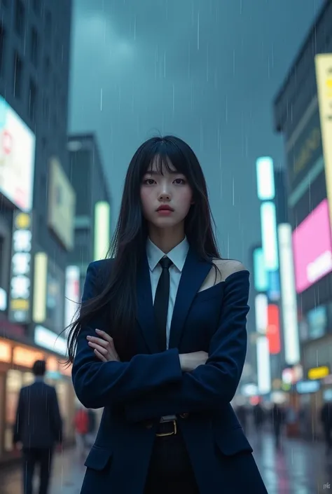 Best quality, masterpiece, ultra high res, (photorealistic:1.4), raw photo, korean girl, cinematic lighting, ((off shoulder)), ((dark blue blazer)), long straight hair, ((bangs)), necktie, trousers, crossed arms, shibuya crossing, dark clouds, (typhoon hea...