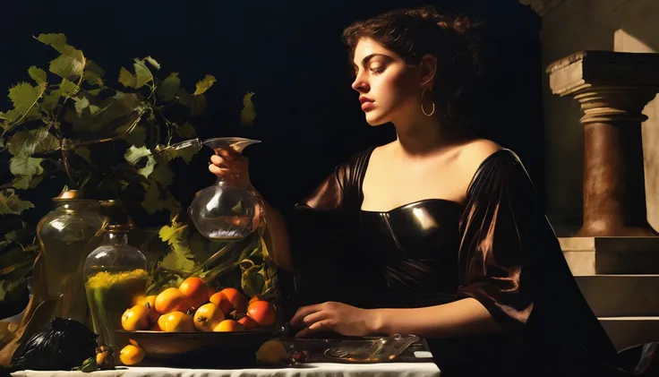 caravaggio lighting; high contrast; hyper-realism; Circe witch from madeline miller; her pig and leon; island of Circe; Godess; realism; circe is working in her garden; mistery; strenght; beautiful women; circe is collecting ingredients to do her potions; ...