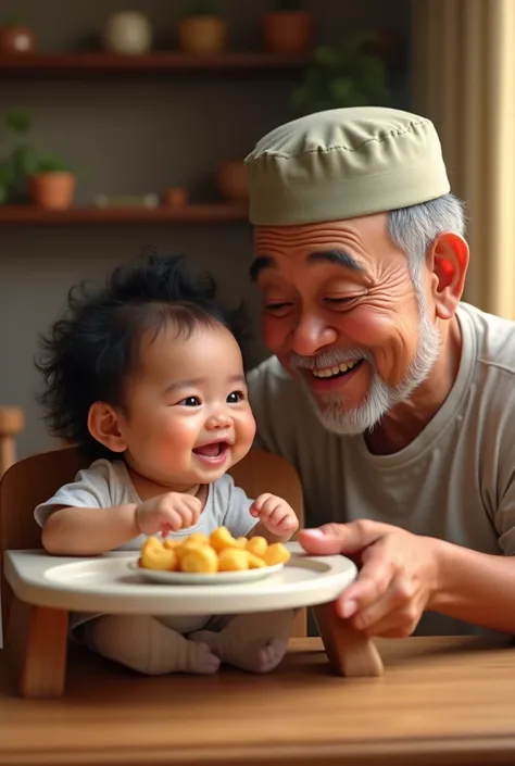 an indonesian baby celebrating her 6 month old age, sitting in a baby chair receiving her first solid meal. the baby is quite hairy. Look happy and delightful. Beside him a man of 70 years old, a little bit fat, clean shaved.  The man wearing a black speci...